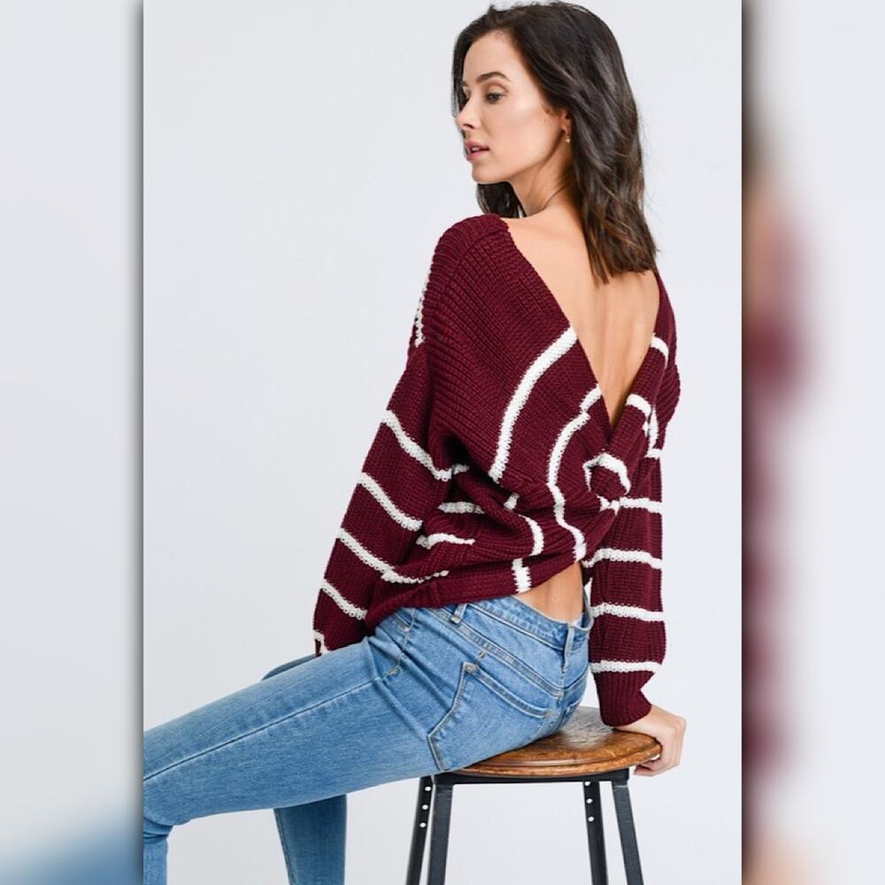 A261 • Wine Stripe Twist Back Dolman Sleeve Knit Sweater